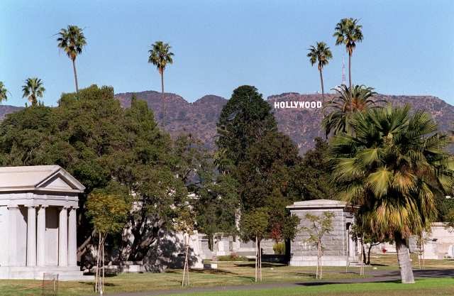 С кладбища хорошо просматриваются холмы Беверли Хиллс с символом Голливуда